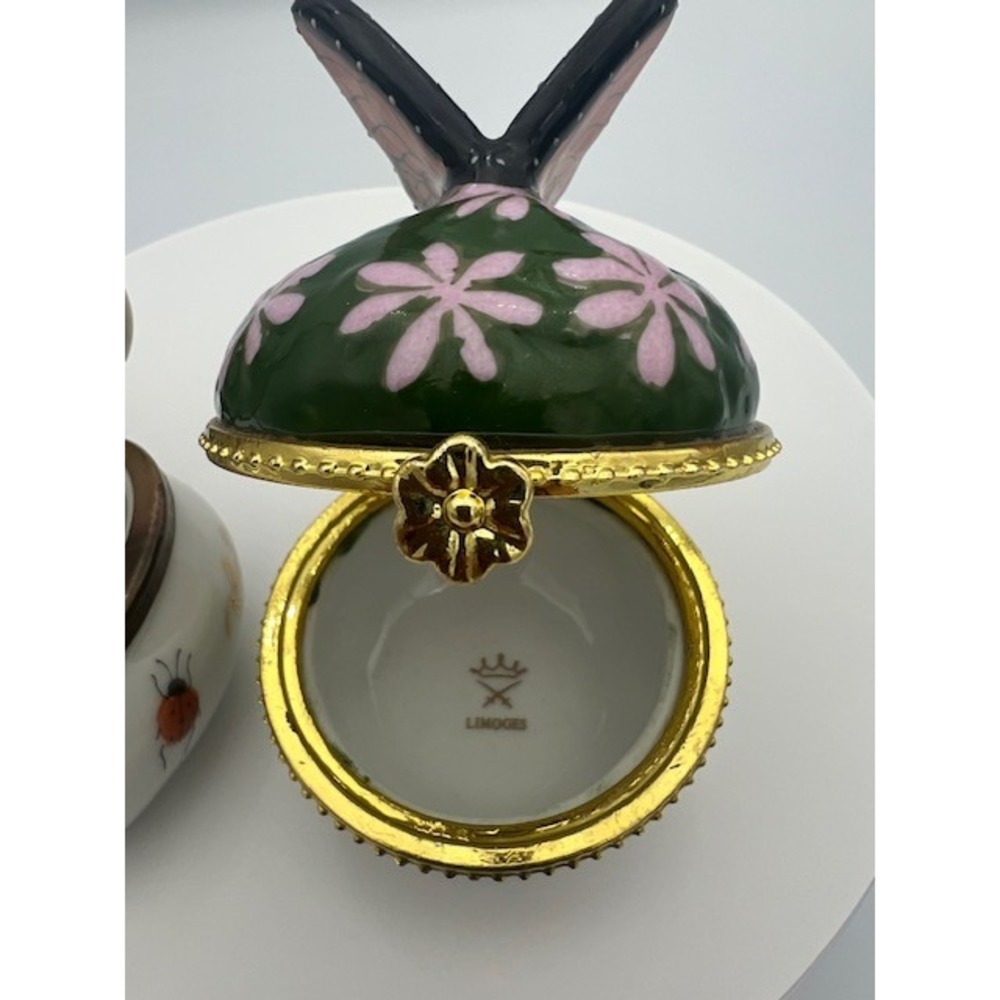 Limoges Porcelain Trinket Box Set Butterfly Heart Ladybug Hand Painted 2pc - Picture 3 of 12